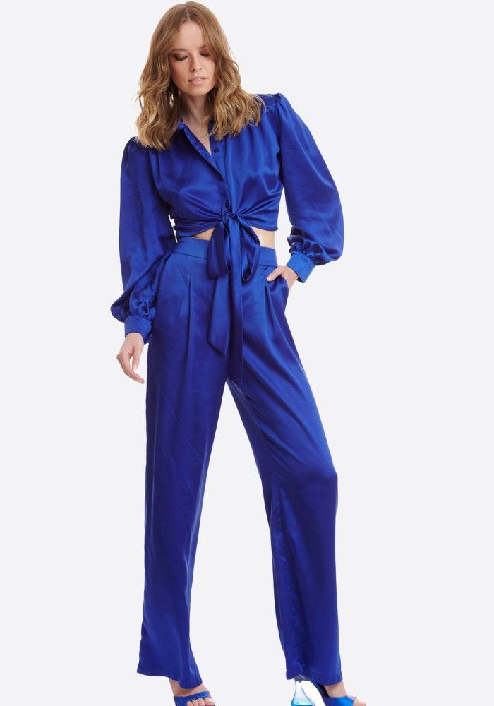 Παντελόνα Γυναικεία Ψηλόμεση Σατέν Μπλε-Snob Boutique