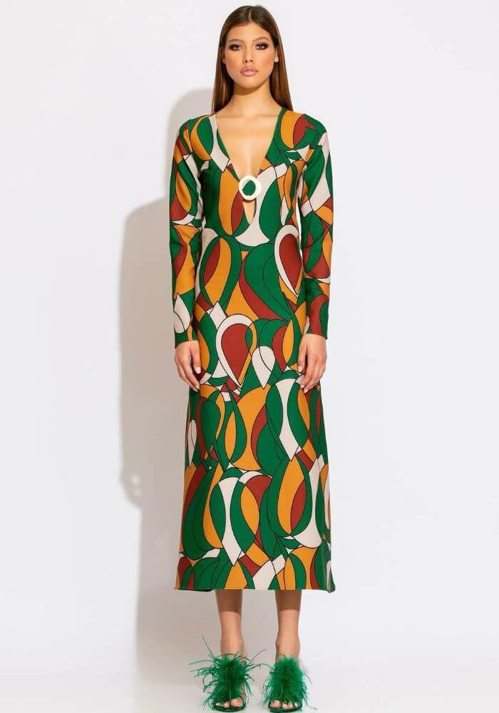 Φόρεμα Μακρύ Εμπριμέ Ποντεστόφα Σε Πράσινο-Snob Boutique
